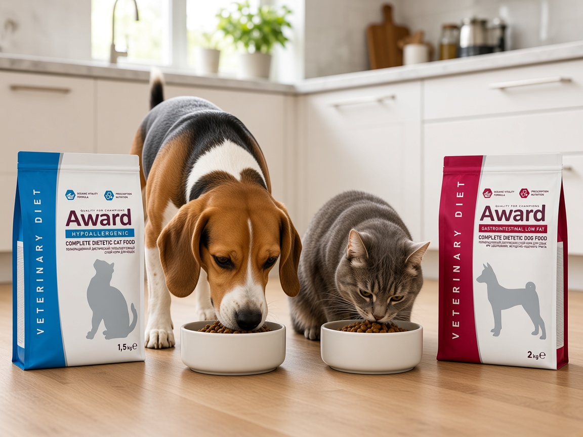 Собака и кошка у мисок с Award Veterinary Diet