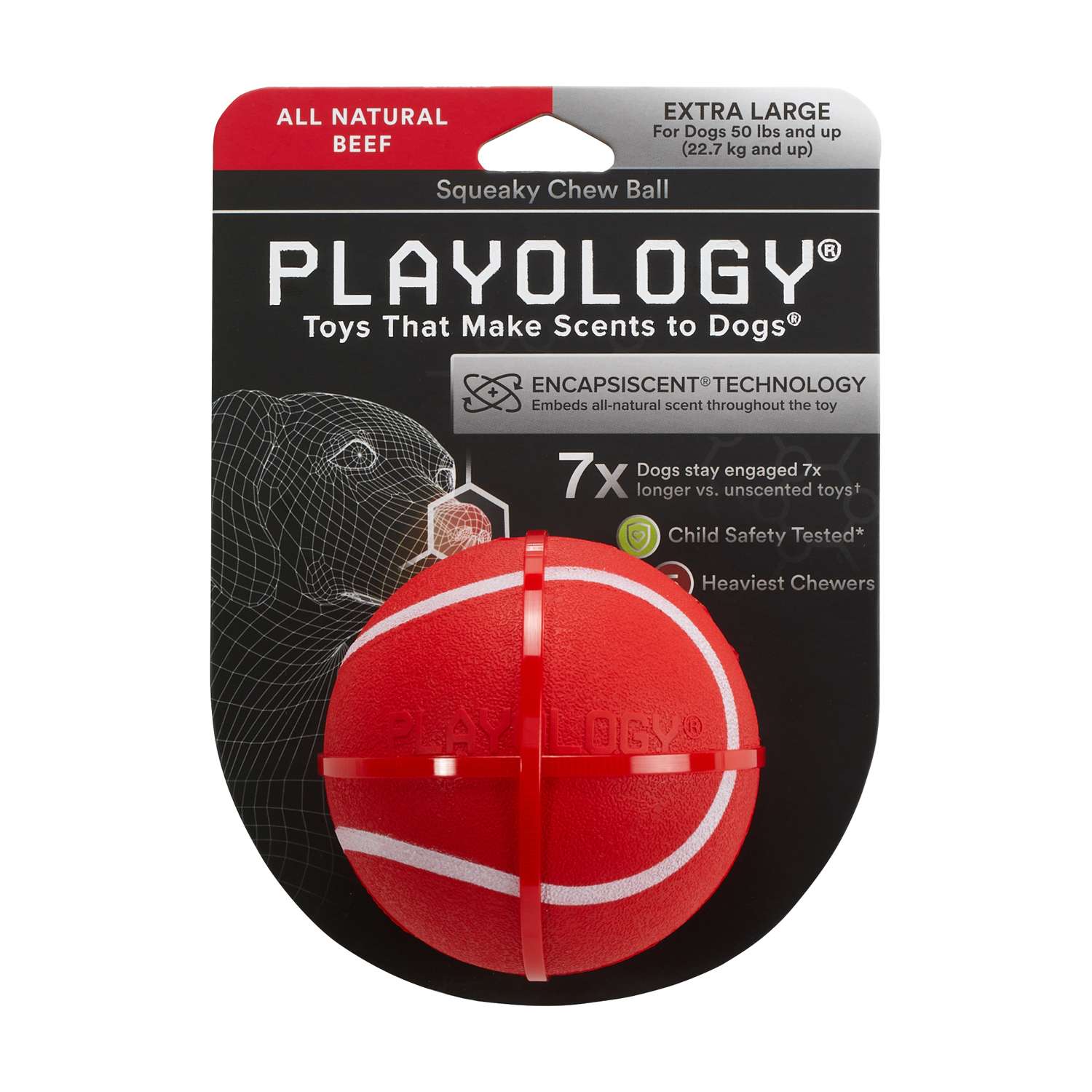 Жевательный мяч Playology SQUEAKY CHEW BALL 8 см для собак средних и крупных пород с пищалкой и с ароматом говядины, цвет красный