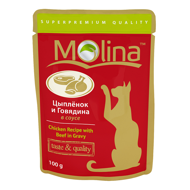 Консервированный корм для кошек Молина (Molina) Цыпленок и говядина в соусе, Пауч 100г