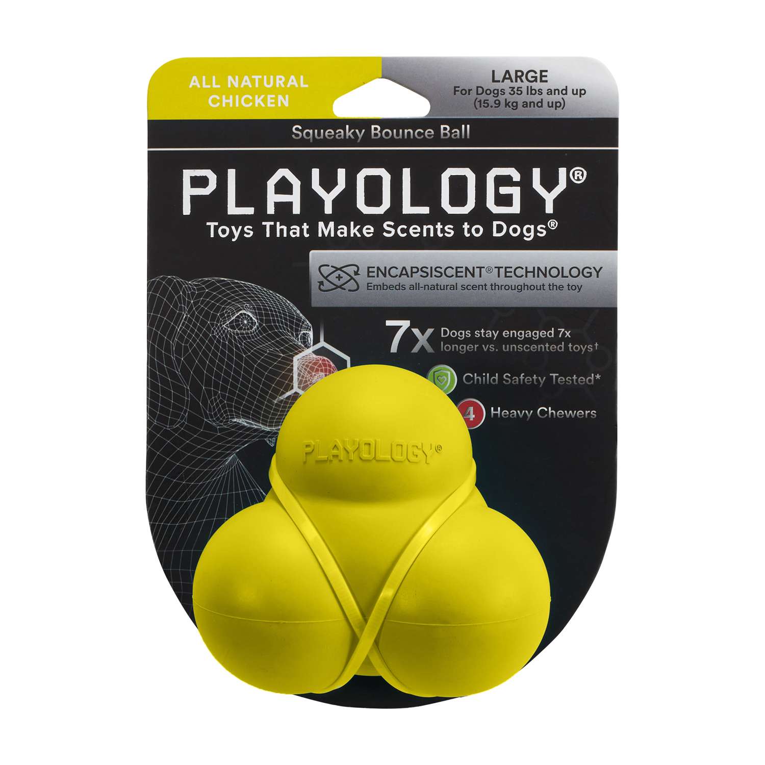 Жевательный тройной мяч Playology SQUEAKY BOUNCE BALL для собак средних и крупных пород с пищалкой и с ароматом курицы, цвет желтый