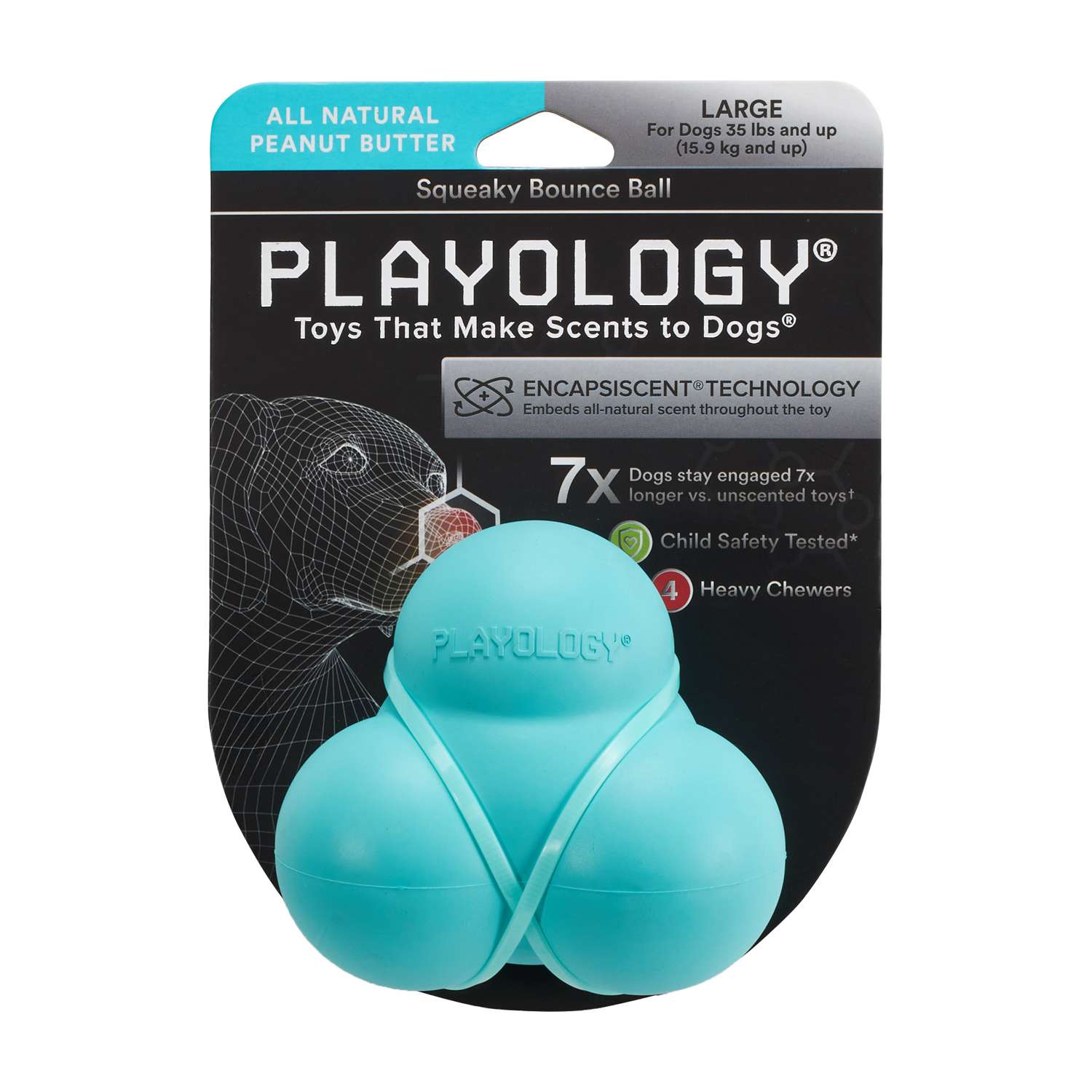 Жевательный тройной мяч Playology SQUEAKY BOUNCE BALL для собак средних и крупных пород с пищалкой и с ароматом арахиса, цвет голубой