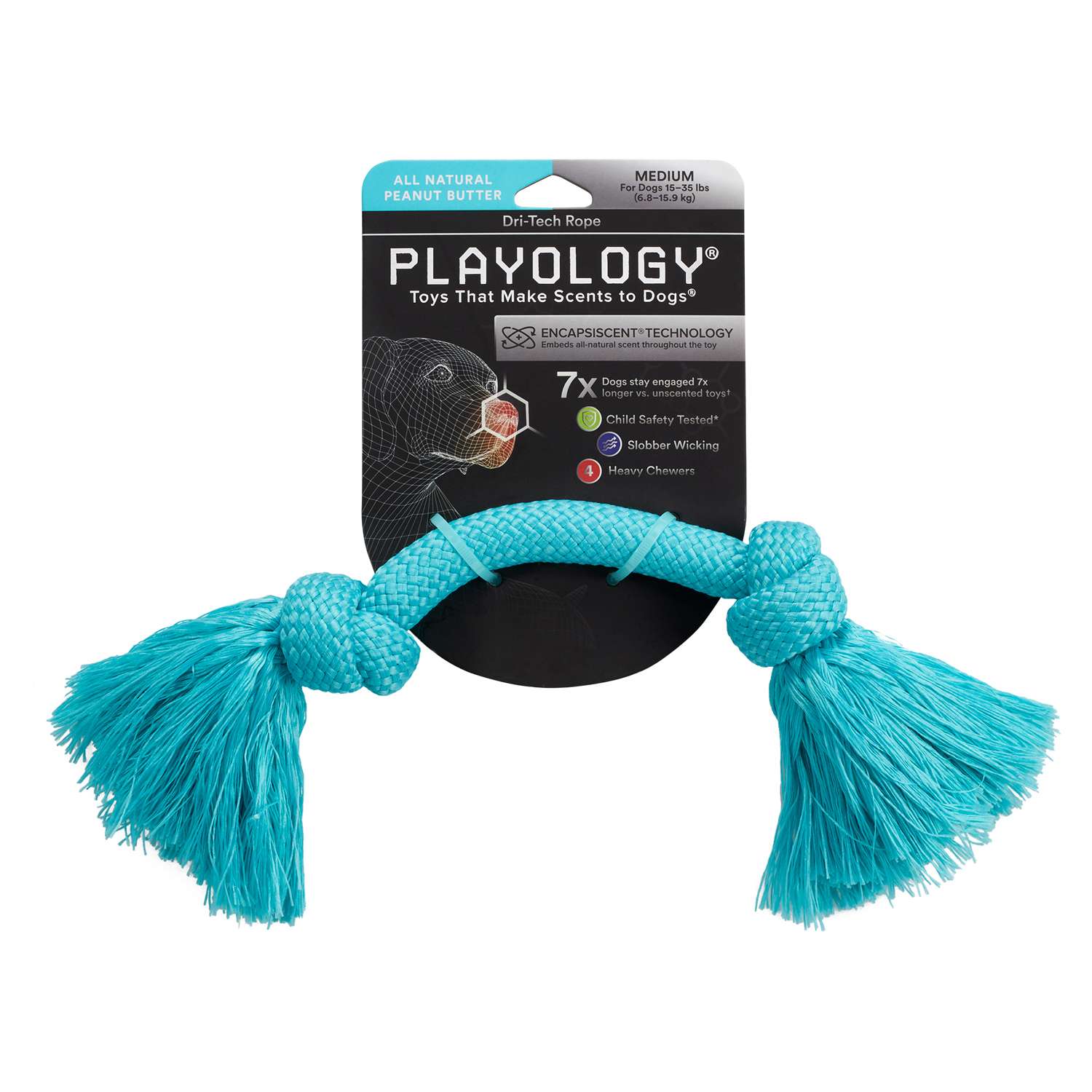 Жевательный канат Playology DRI-TECH ROPE для собак средних пород с ароматом арахиса, средний, цвет голубой