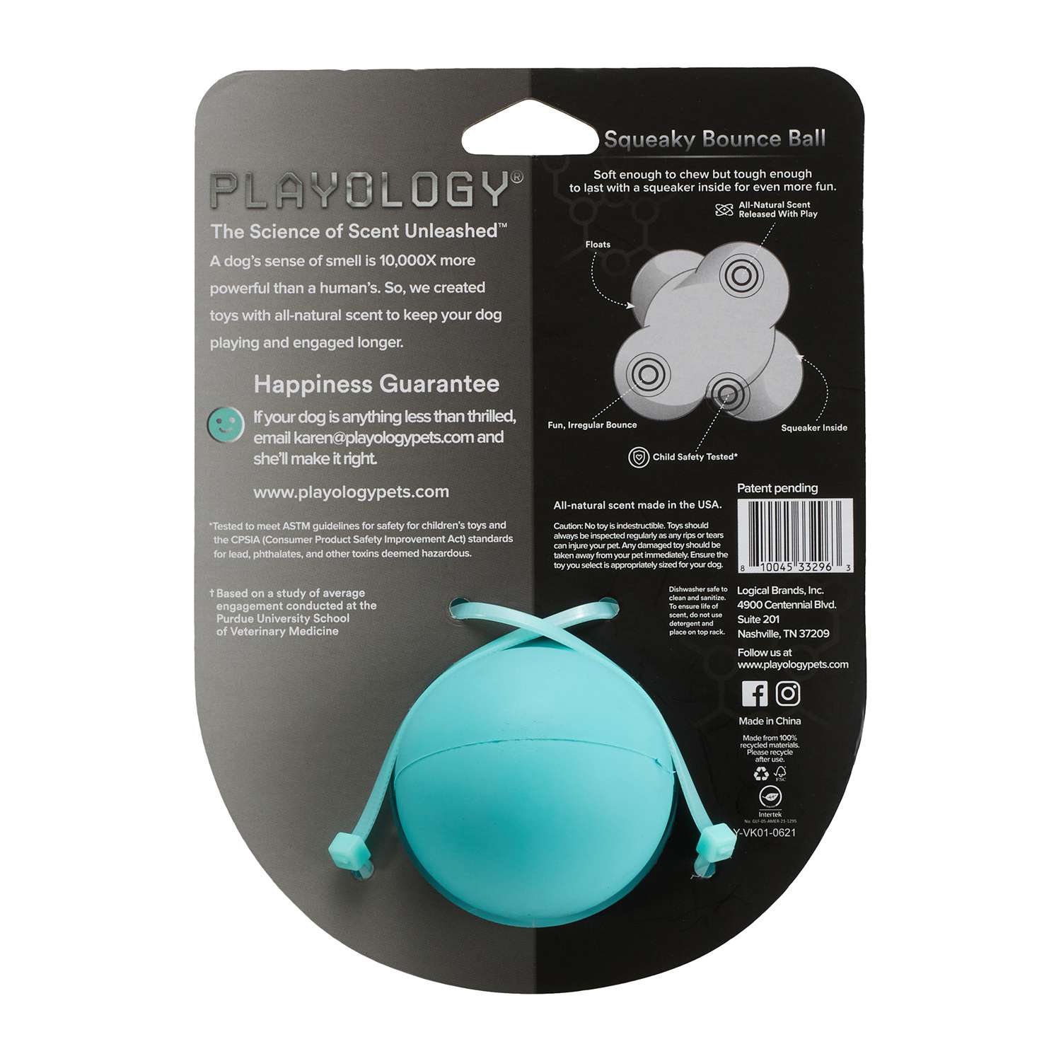 Жевательный тройной мяч Playology SQUEAKY BOUNCE BALL для собак средних и крупных пород с пищалкой и с ароматом арахиса, цвет голубой