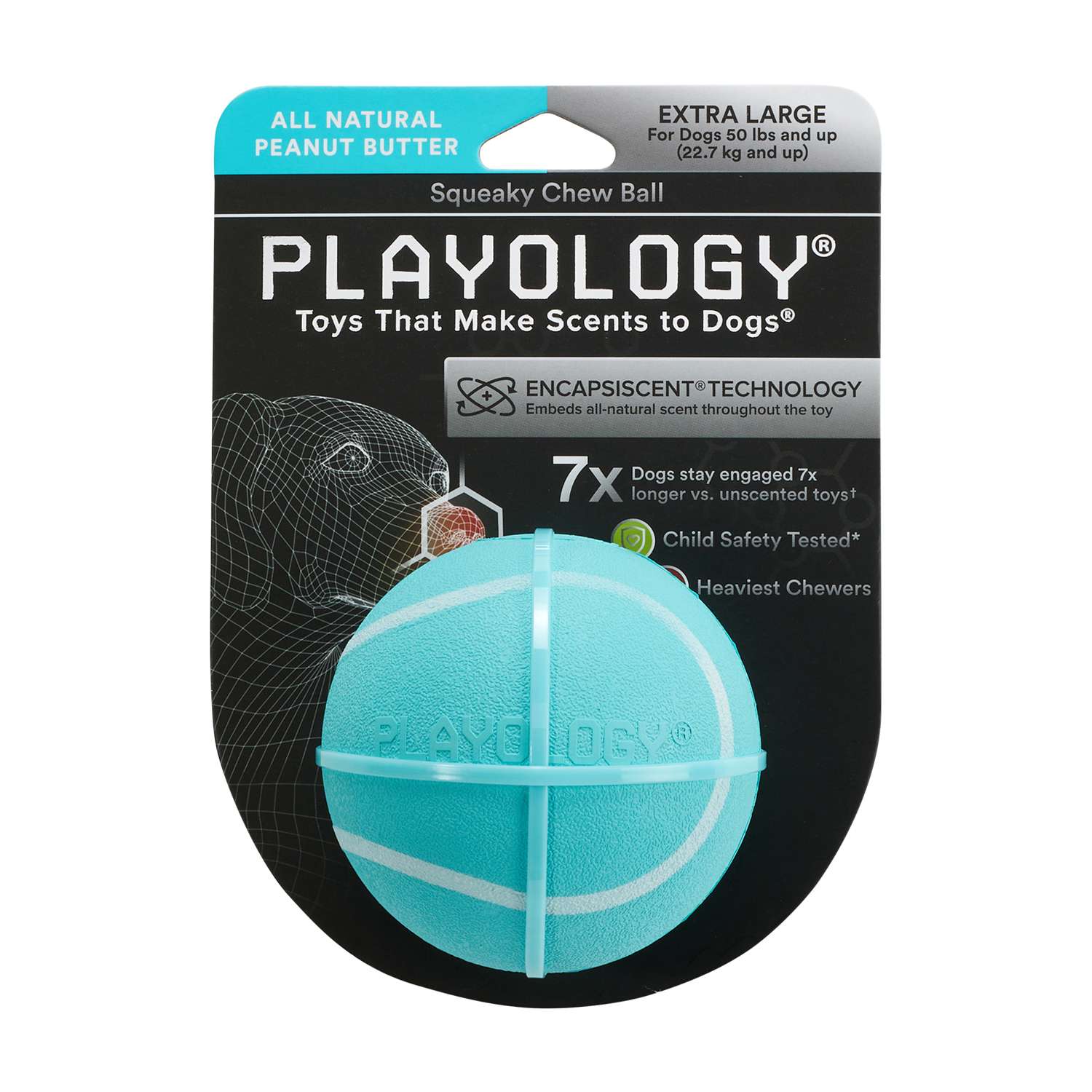 Жевательный мяч Playology SQUEAKY CHEW BALL 8 см для собак средних и крупных пород с пищалкой и с ароматом арахиса, цвет голубой