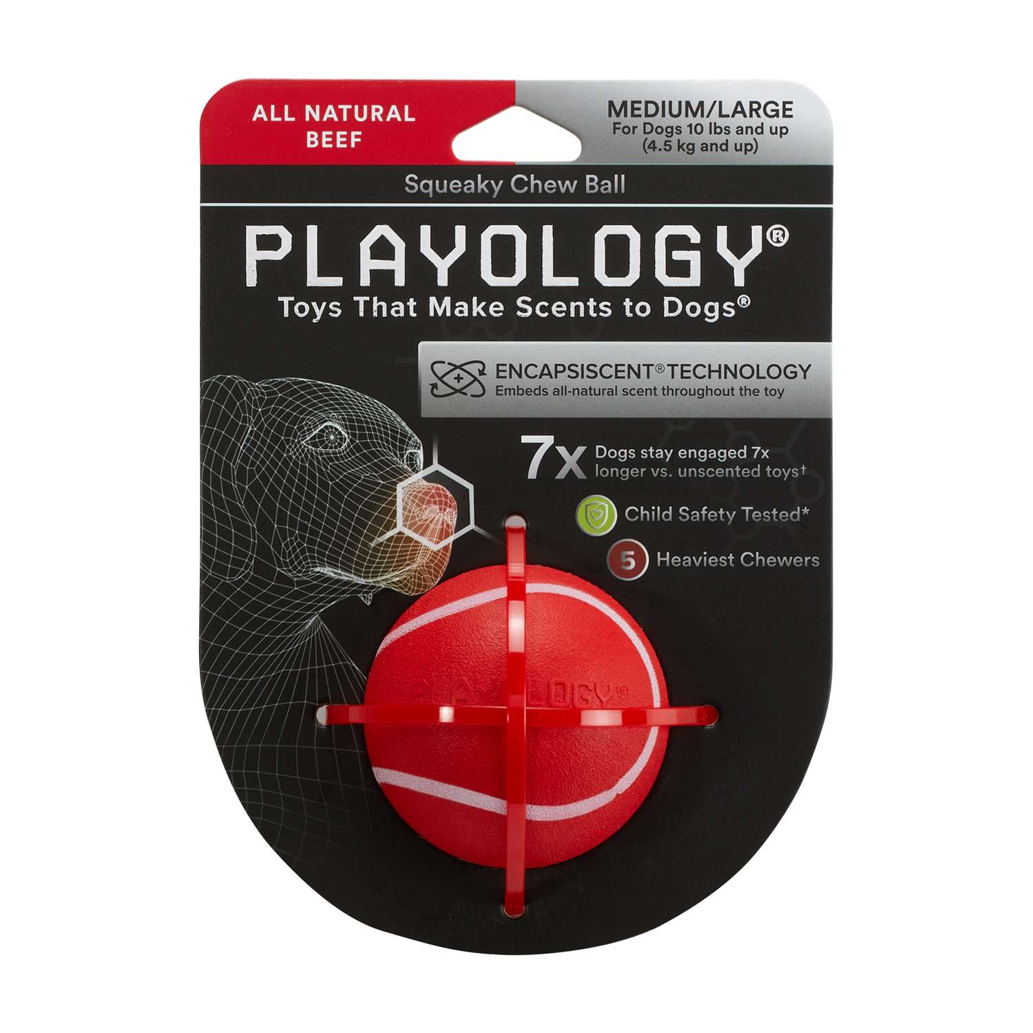 Жевательный мяч Playology SQUEAKY CHEW BALL 6 см для собак мелких и средних пород с пищалкой и с ароматом говядины, цвет красный