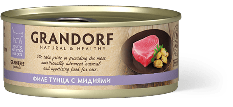 Grandorf Tuna with Mussel 70гр*6шт. Филе тунца с мидиями. Консервированный корм для кошек Грандорф.