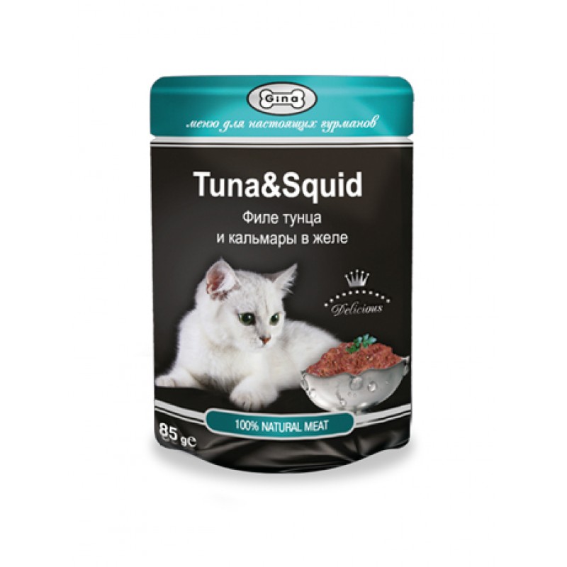 Корм для кошек Джина Филе тунца и кальмары в желе (Gina Tuna Squid) Пауч 85 гр