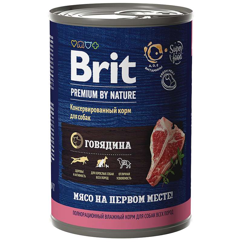 Консервированный корм Brit Premium by Nature с говядиной для взрослых собак всех пород. 410 г