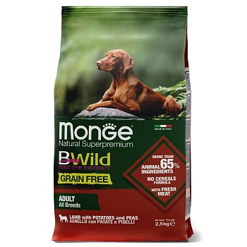 Сухой корм Monge Dog BWild GRAIN FREE, для вхрослых собак всех пород, беззерновой, из ягненка с картофелем и горохом