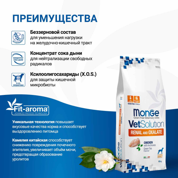 Диетический корм Monge VetSolution Dog Renal and Oxalate Ренал и Оксалат для собак при ХПН и профилактике образования уролитов оксалата кальция 12 кг