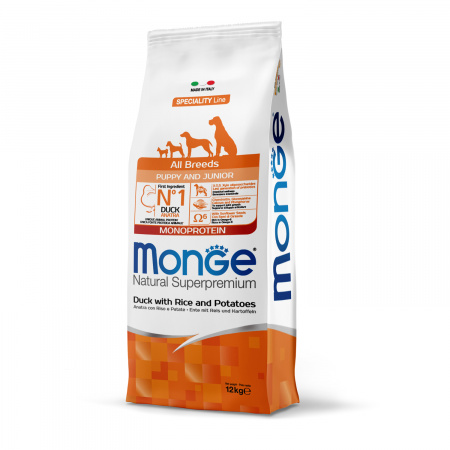 Сухой корм Monge Dog Speciality Line Monoprotein для щенков всех пород, из утки с рисом и картофелем 12 кг