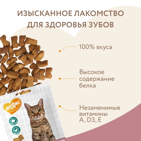 Лакомство Мнямс "Здоровые зубы" хрустящие подушечки для кошек с цыпленком 60 г.