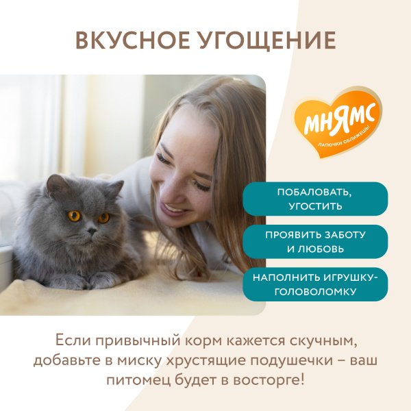 Лакомство Мнямс Хрустящие подушечки для стерилизованных кошек с цыпленком и клюквой "Профилактика МКБ" 60 г.