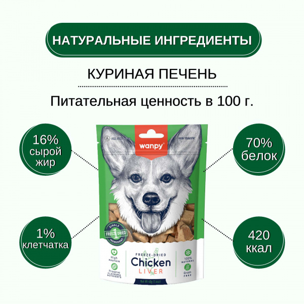 Сублимированное лакомство Wanpy Dog для собак "Курица и печень" 40 г