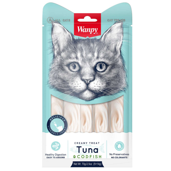 Лакомство Wanpy Cat для кошек «Нежное пюре» из тунца и трески 70 г