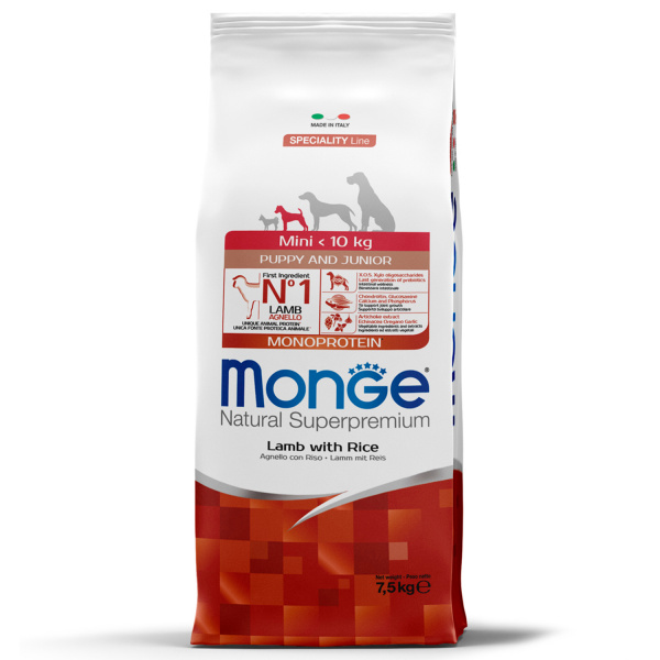 Сухой корм Monge Dog Speciality Line Monoprotein Mini для щенков и беременных собак мелких пород, из ягненка с рисом 7,5 кг