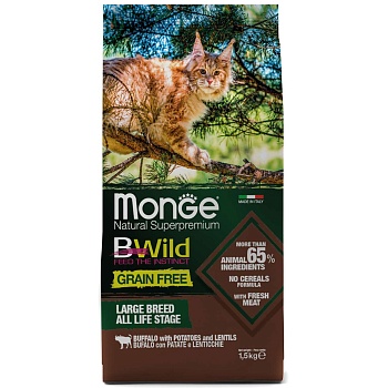Сухой корм Monge PFB Cat BWild GRAIN FREE для взрослых крупных кошек, беззерновой, из мяса буйвола