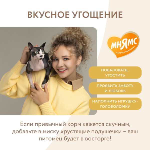 Лакомство Мнямс "Здоровая кожа и шерсть" хрустящие подушечки для кошек с птицей 60 г.
