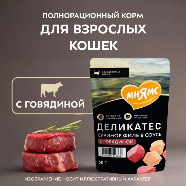 Влажный корм Мнямс Деликатес куриное филе с говядиной в соусе для кошек 50 г