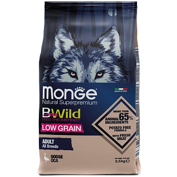 Сухой корм Monge Dog BWild LOW GRAIN, для взрослых собак, низкозерновой, из мяса гуся