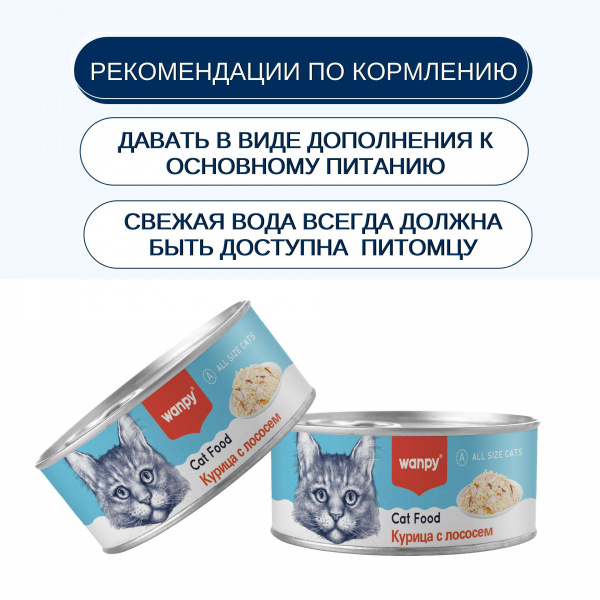 Консервы Wanpy Cat для кошек "Кусочки курицы и лосось" 95 г