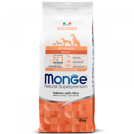 Сухой корм Monge Dog Speciality Line Monoprotein для взрослых собак всех пород, из лосося с рисом 12 кг