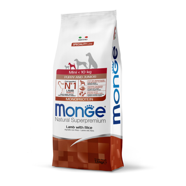 Сухой корм Monge Dog Speciality Line Monoprotein Mini для щенков и беременных собак мелких пород, из ягненка с рисом 7,5 кг