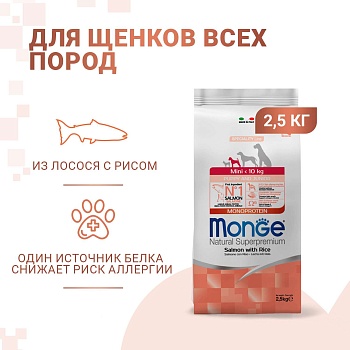 Сухой корм Monge Dog Speciality Line Monoprotein для щенков мелких пород, из лосося с рисом