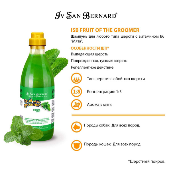 Шампунь Iv San Bernard Fruit of the Groomer Mint для любого типа шерсти с витамином В6 1 л